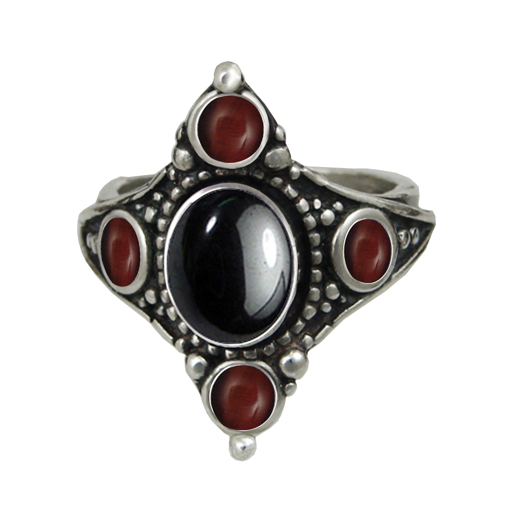 Sterling Silver Renaissance Queen's Ring With Hematite And Red Tiger Eye Size 10